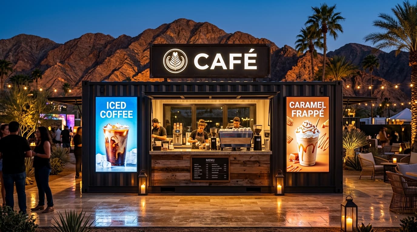 TRUST CODE SYSTEM - Actual Assembled Container Pod Architecture with Café & Digital Perimeter Screens
